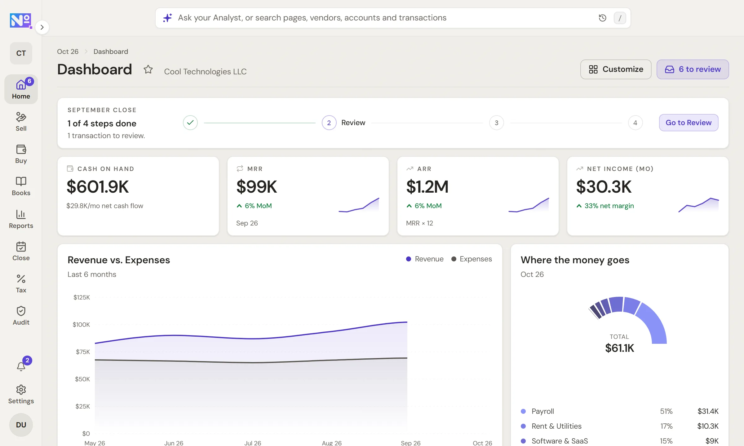 The Numbrr dashboard for the sample company: cash on hand, MRR, ARR and net income, with revenue against expenses.